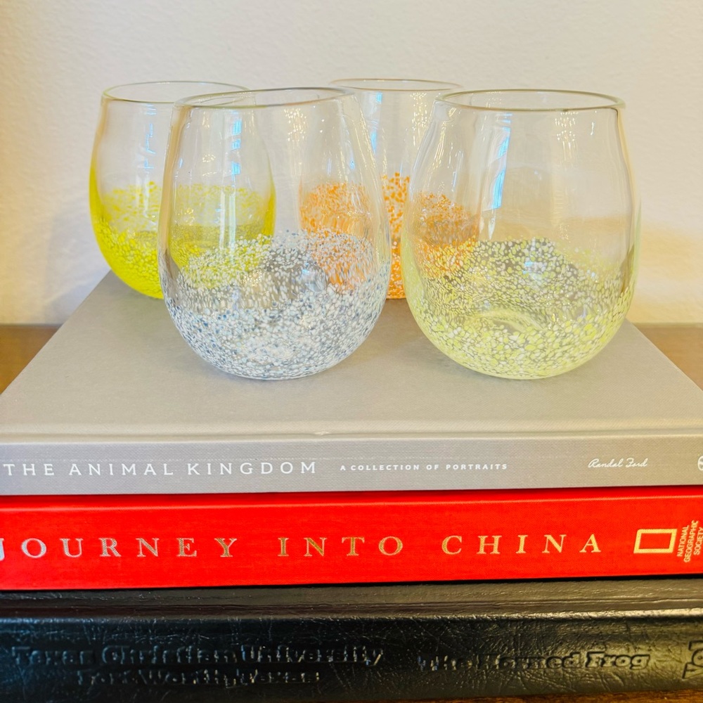 Hand Blown Confetti Glasses Green Stemless Wine Glasses Set of 4 Multi Unmarked